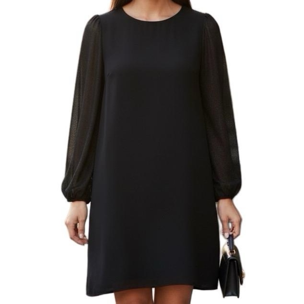 Black Sheath Dress Bateau Neckline Three ena Gold Glitter Bishop Sleeves Sm NWOT